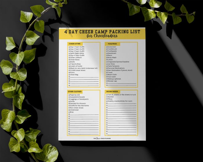 4 Day Cheer Camp Packing List UCA Cheerleading Camp Packing List - What to bring to UCA Cheer Camp The Cheer Coach Planner Cheer Coach Printables - Cheerleader - yellow